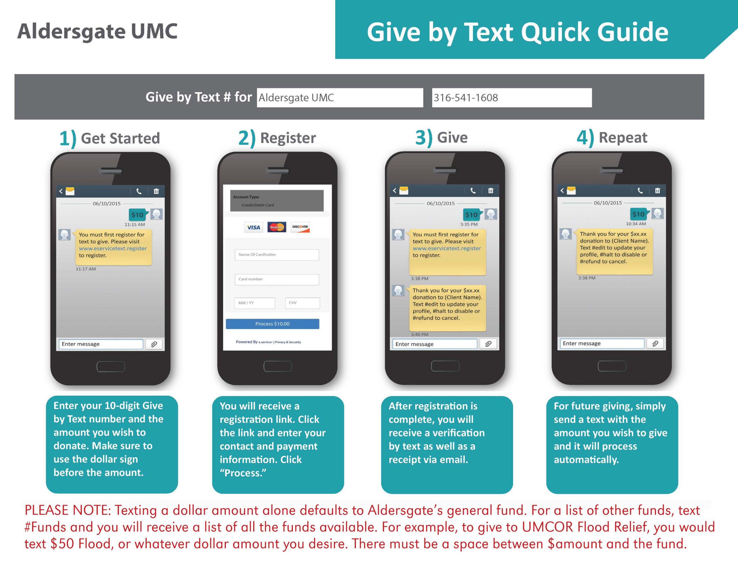 Give by Text Quick Guide — Aldersgate UMC: text 316-541-1608